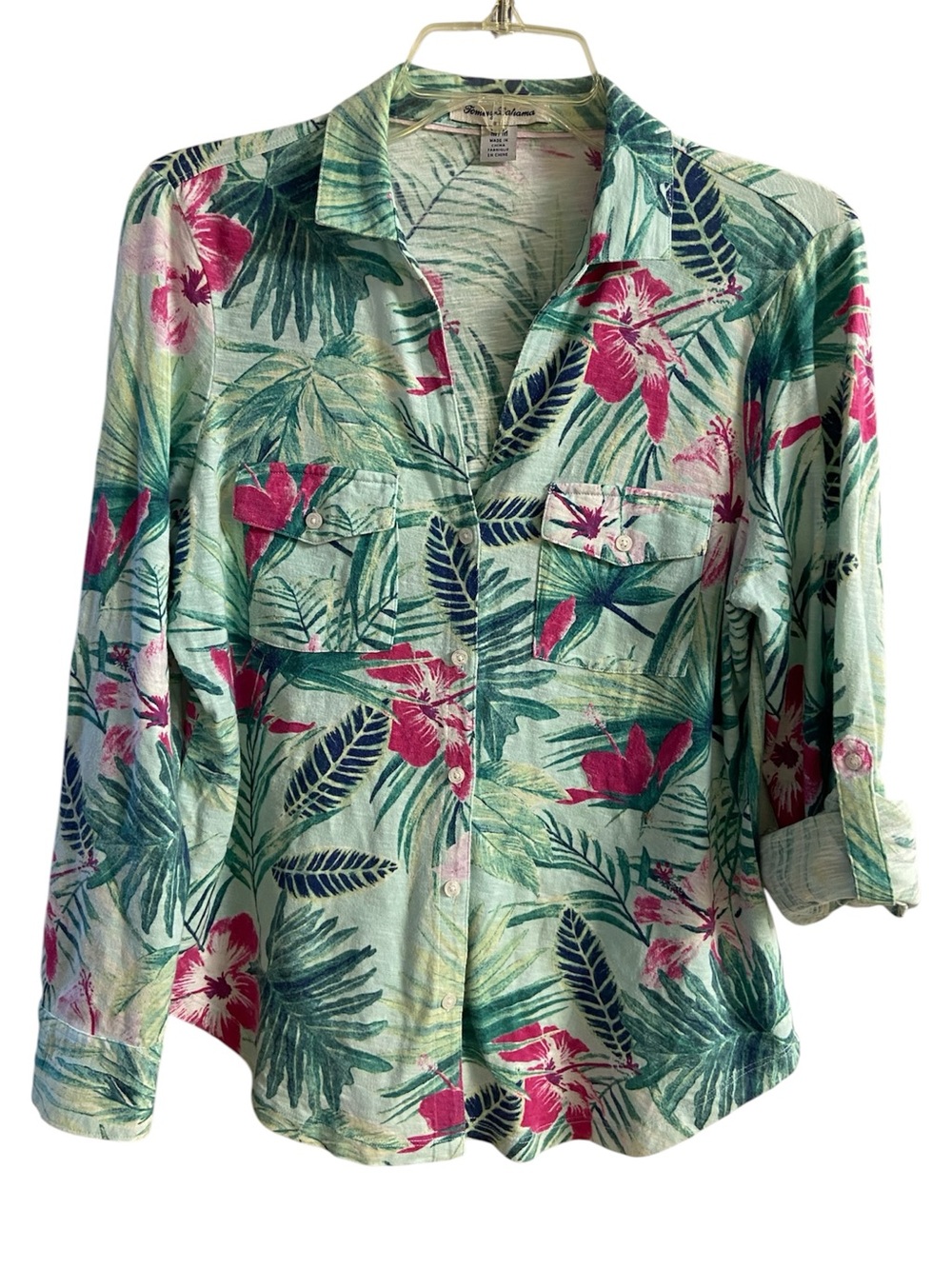 Tommy Bahama Palm Leaf Hibiscus Print Top Coastal Beachy Resortwear Medium